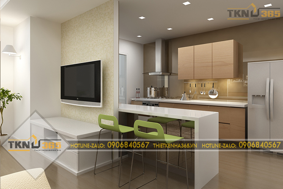 Thiết kế chung cư 30m2 phòng bếp liền phòng khách cần thống nhất về phong cách