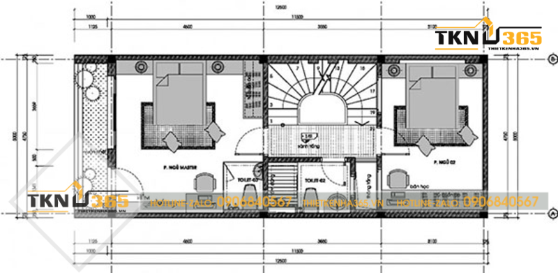 Mặt bằng công năng tầng 2 của bản vẽ thiết kế nhà 3 tầng 5x10m