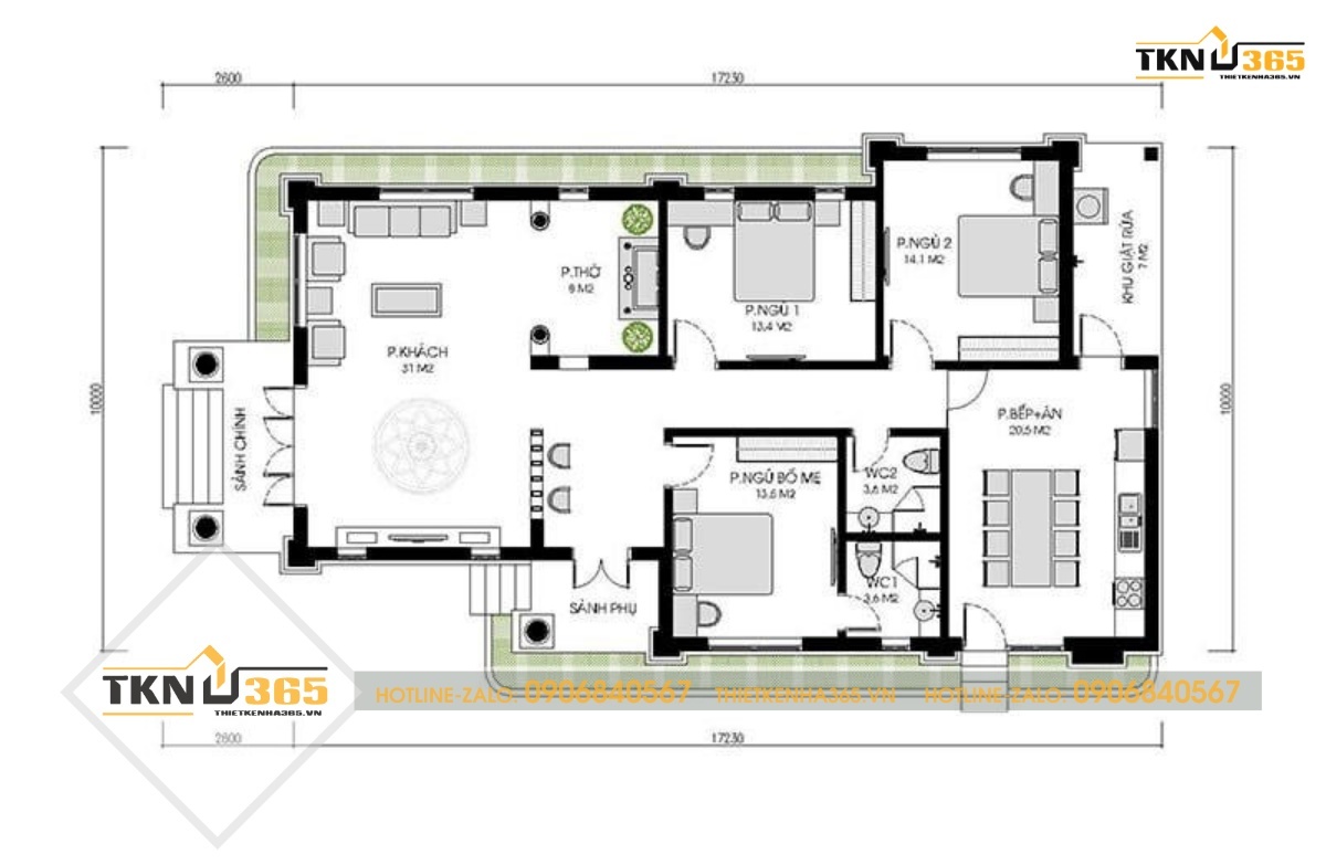 Bản vẽ thiết kế nhà 1 tầng hiện đại mái bằng có 3 phòng ngủ