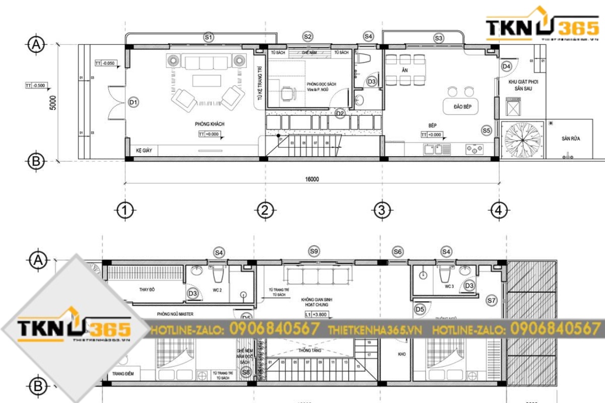 thiết kế nhà diện tích 5x16m 2 tầng 3 phòng ngủ