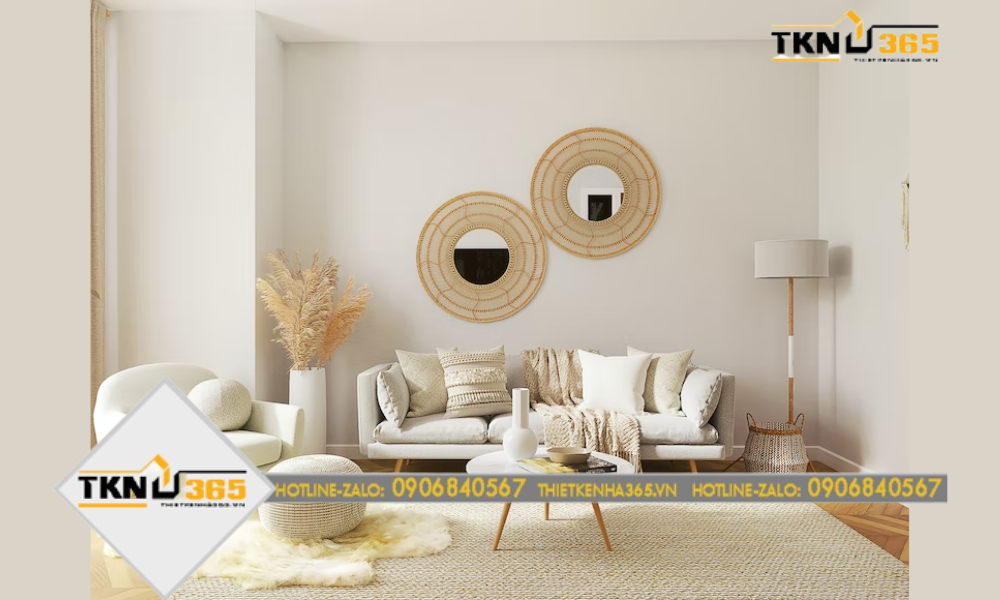 Phòng khách hiện đại với tông màu trắng ngà sang trọng, nội thất đơn giản nhưng tinh tế