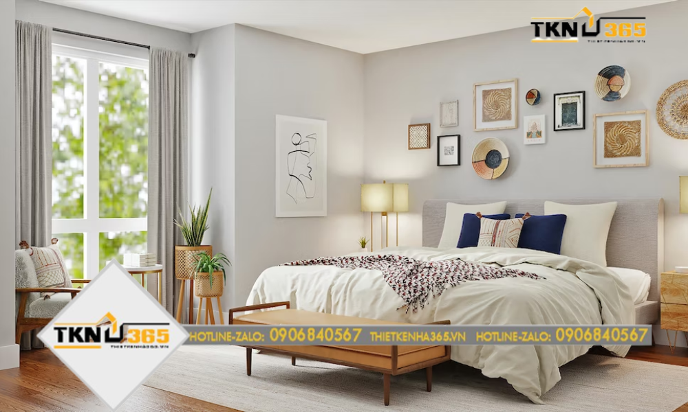 Phòng ngủ được thiết kế theo phong cách vintage, kết hợp giữa các chi tiết cổ điển với hiện đại, tạo nên một không gian độc đáo