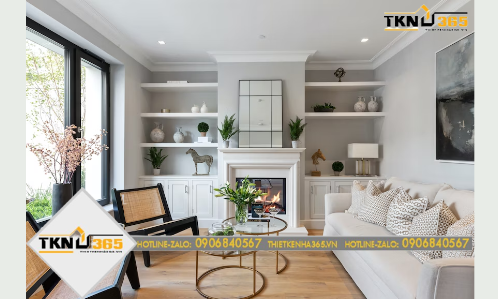Phòng khách được thiết kế với tông màu trắng, kem, đen sang trọng, bố trí đồ nội thất phù hợp và hài hòa