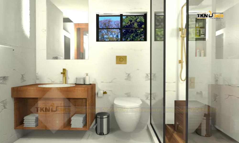 Phòng tắm lấy màu trắng làm chủ đạo, kết hợp với các bộ phận như vòi sen và vòi rửa tay chế tác bằng đồng thau, tủ gỗ tạo nên vẻ đẹp rất Á Đông