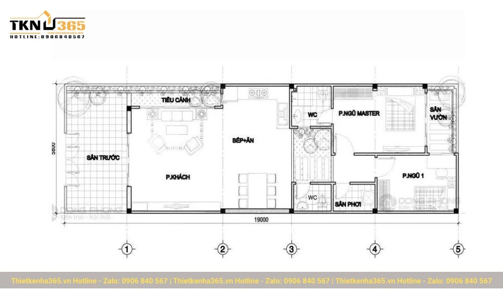 Bản thiết kế nhà ống 1 tầng 2 phòng ngủ
