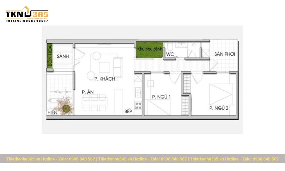 Nhà 1 tầng 2 phòng ngủ hiện đại