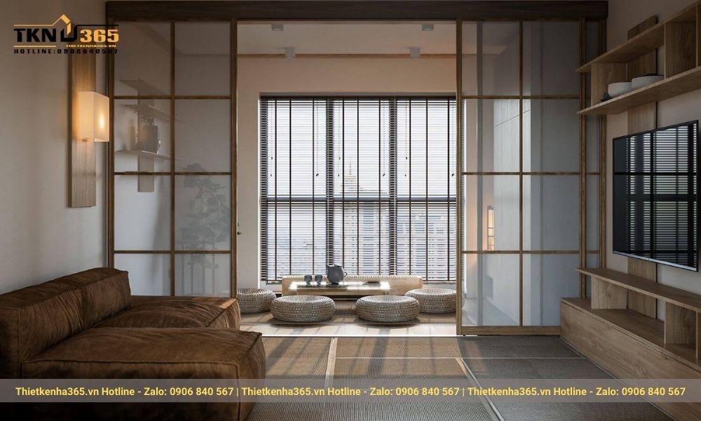 Không gian phòng khách kiểu Nhật đơn giản và sang trọng