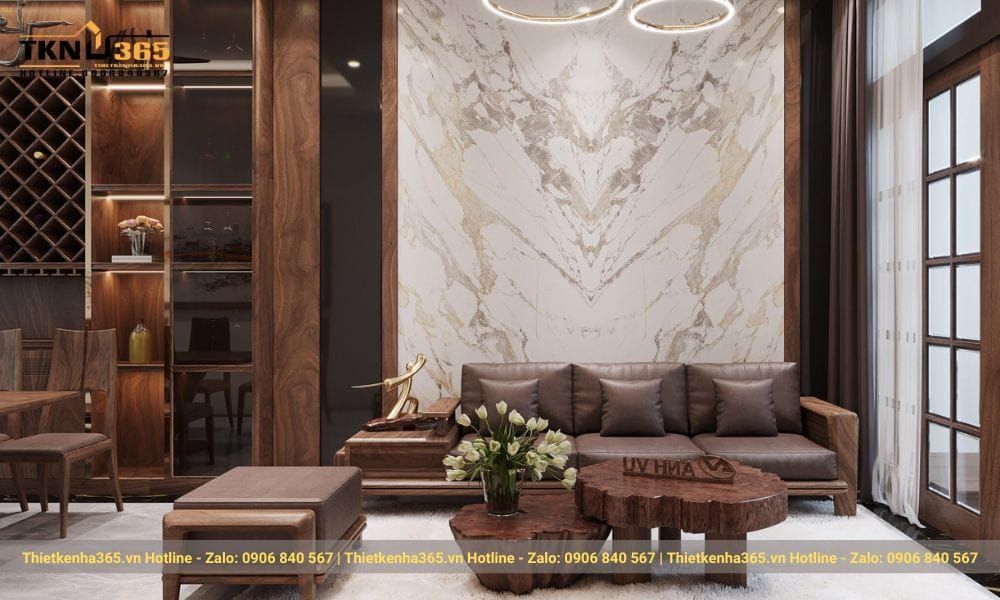 Thiết kế nội thất nhà phố hiện đại với gỗ óc chó chủ đạo