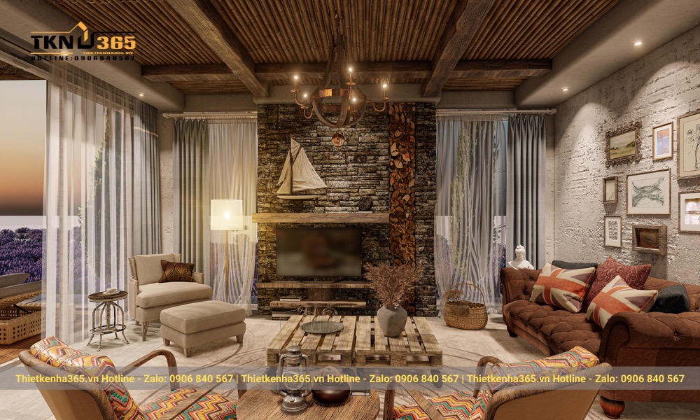Không gian phòng khách được thiết kế nội thất bằng chất liệu gỗ vô cùng độc đáo