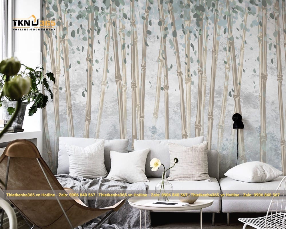 Phòng khách đẹp đơn giản với giấy dán tường