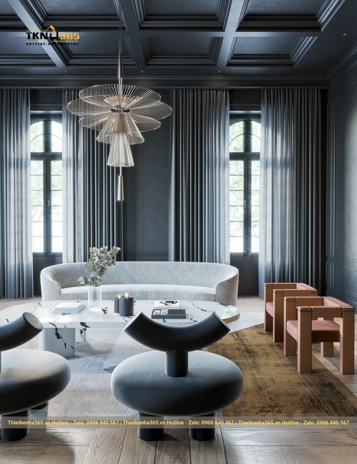 Nội thất Pháp với sàn gỗ, ghế gỗ, bàn đá tự nhiên