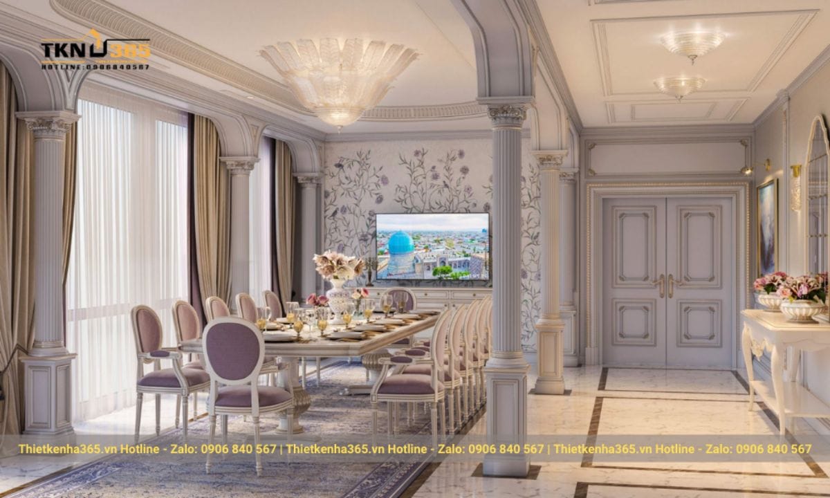 Tiền sảnh phong cách Pháp sang trọng, tạo cảm giác rộng thoáng cho không gian