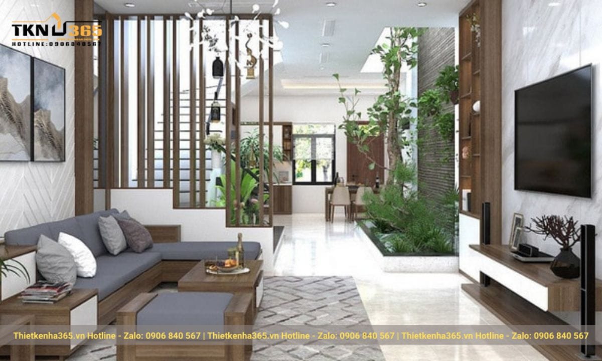 Thiết kế nội thất phòng khách nhà ống 5m gần gũi với thiên nhiên 