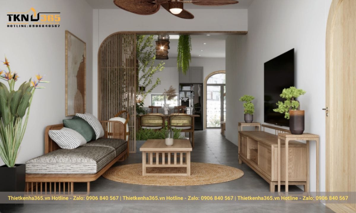 Thiết kế nội thất phòng khách nhà ống 5m gần gũi với thiên nhiên 