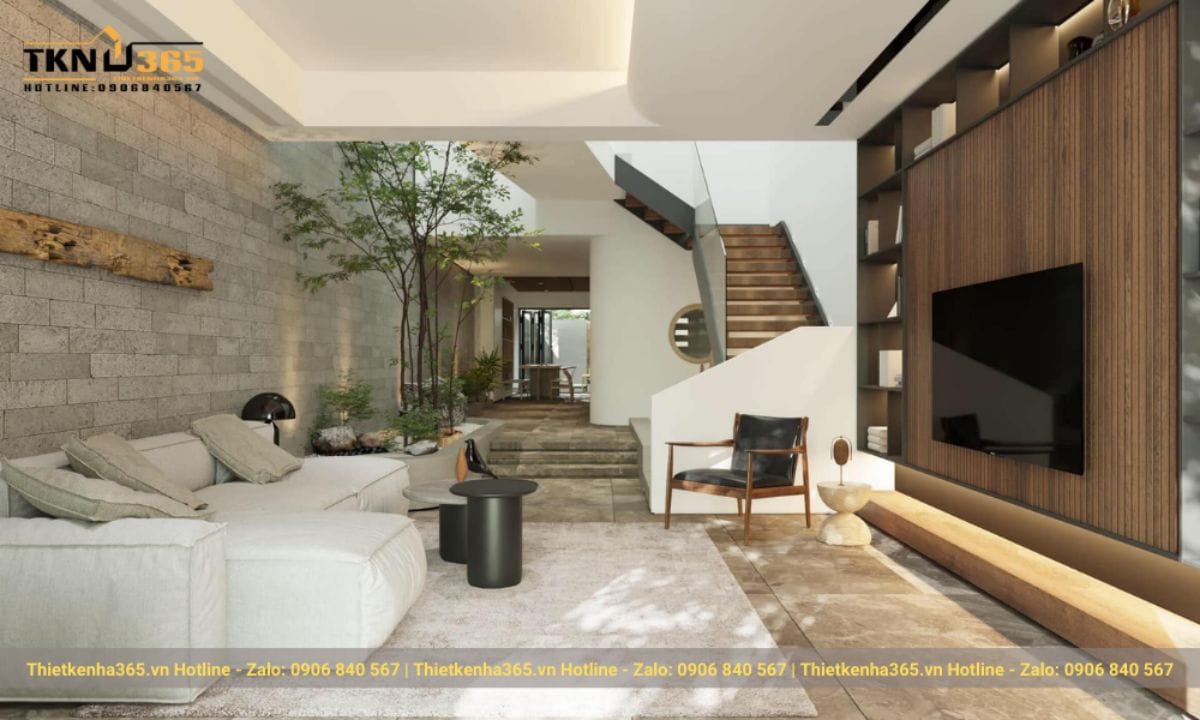 Thiết kế nội thất phòng khách nhà ống 5m gần gũi với thiên nhiên 