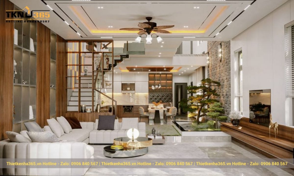 Thiết kế nội thất phòng khách nhà ống 5m gần gũi với thiên nhiên 