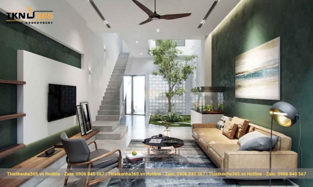 Thiết kế nội thất phòng khách nhà ống 5m gần gũi với thiên nhiên 