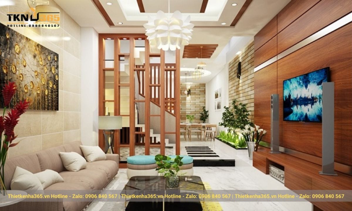 Mẫu phòng khách nhà ống 5m nội thất gỗ