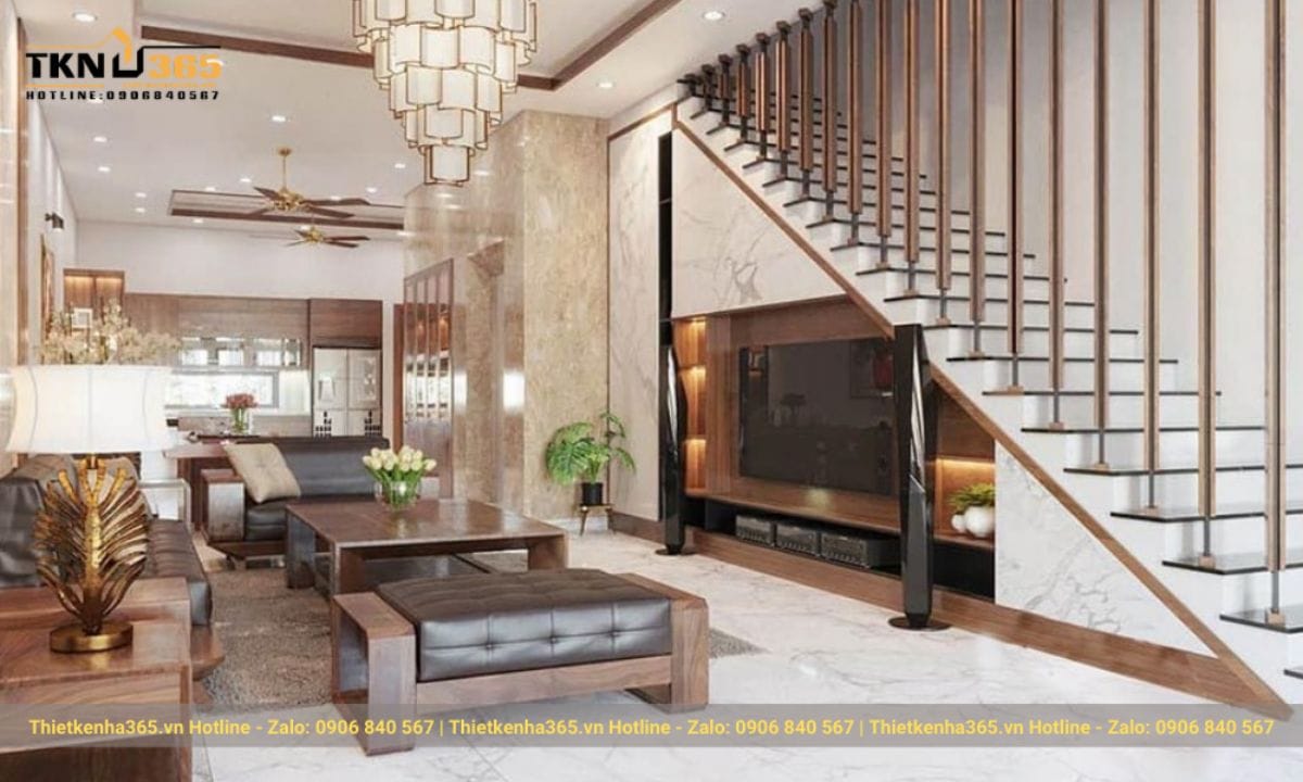 Mẫu phòng khách nhà ống 5m nội thất gỗ