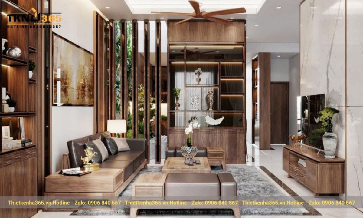 Mẫu phòng khách nhà ống 5m nội thất gỗ