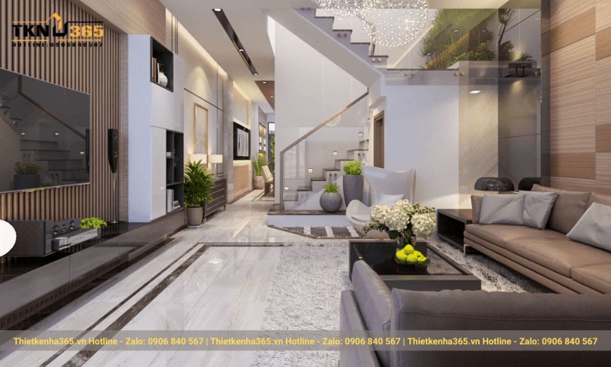 Thiết kế nội thất phòng khách nhà ống 5m hiện đại 