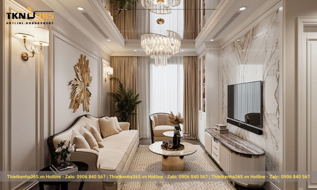 Thiết kế nội thất phòng khách nhà ống 5m tân cổ điển