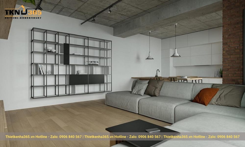 Điểm nhấn trong không gian này là bộ sofa màu ghi.