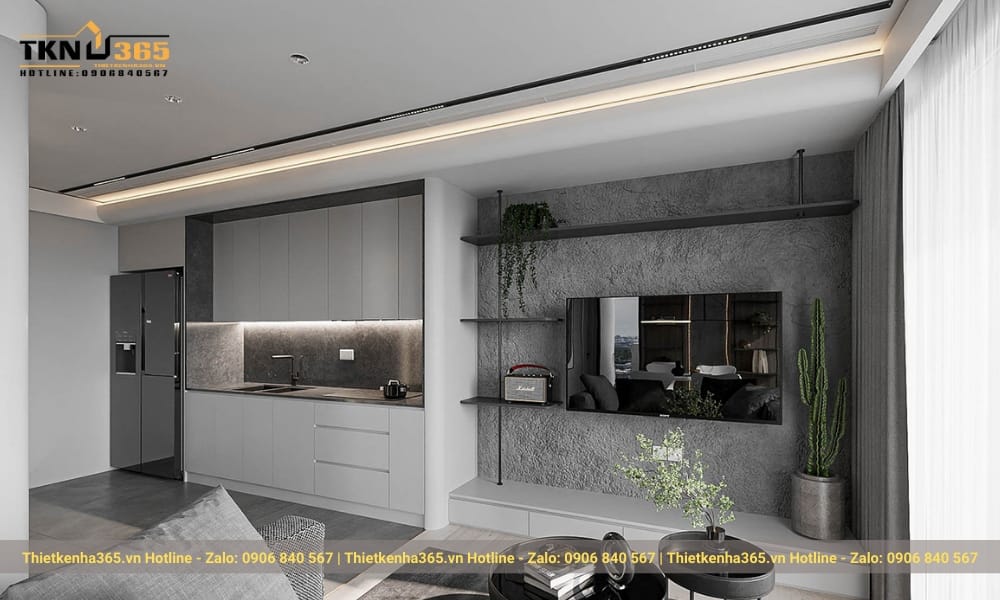 Điểm nhấn ở không gian này là cách thiết kế độc đáo cho kệ đặt tivi.