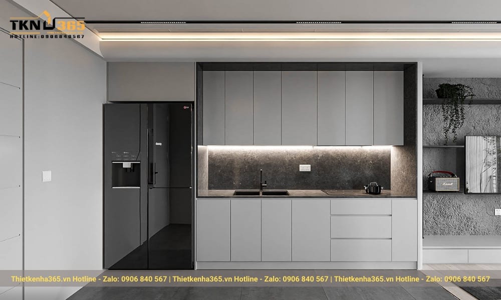 Tủ bếp kịch trần và hệ thống đèn LED hiện đại.