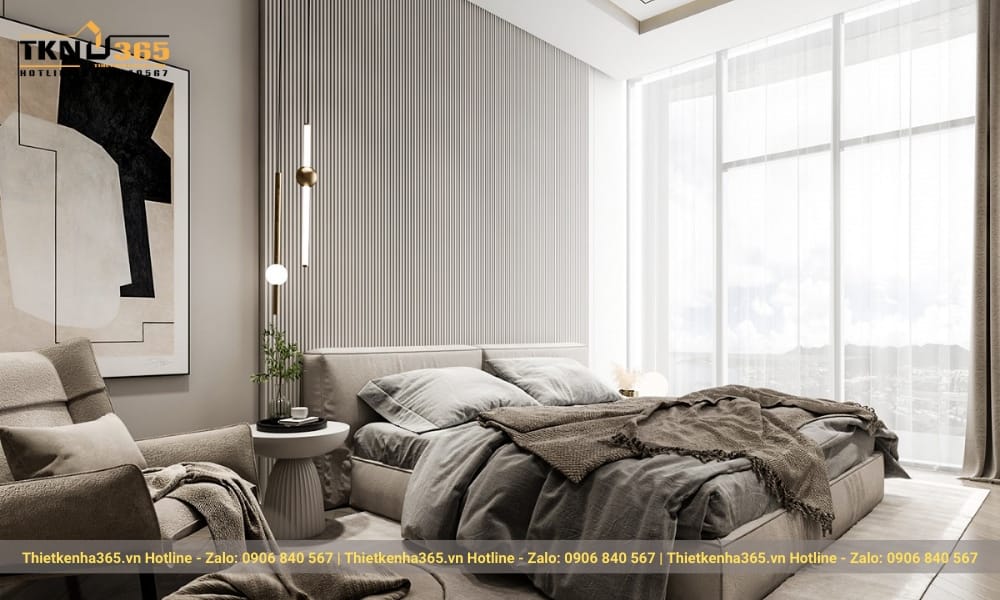 Phòng ngủ có cửa sổ full tường lấy được ánh từ bên ngoài vào.