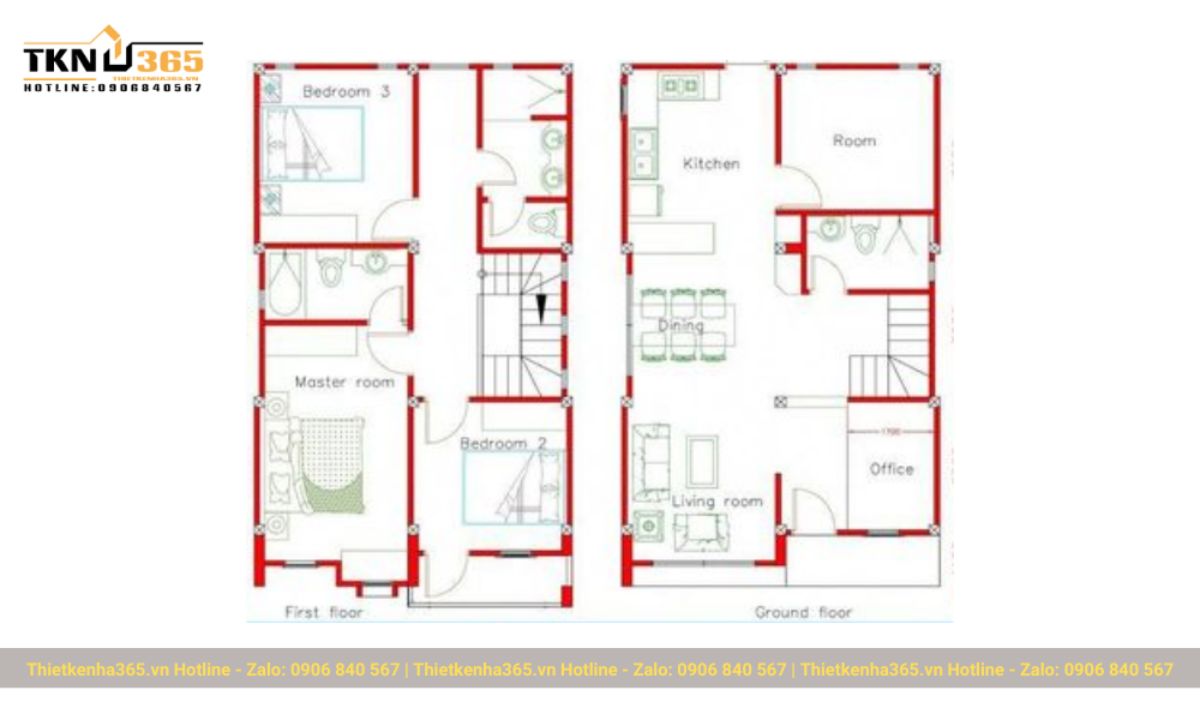 Bản vẽ công năng cho nhà rộng 7x13m