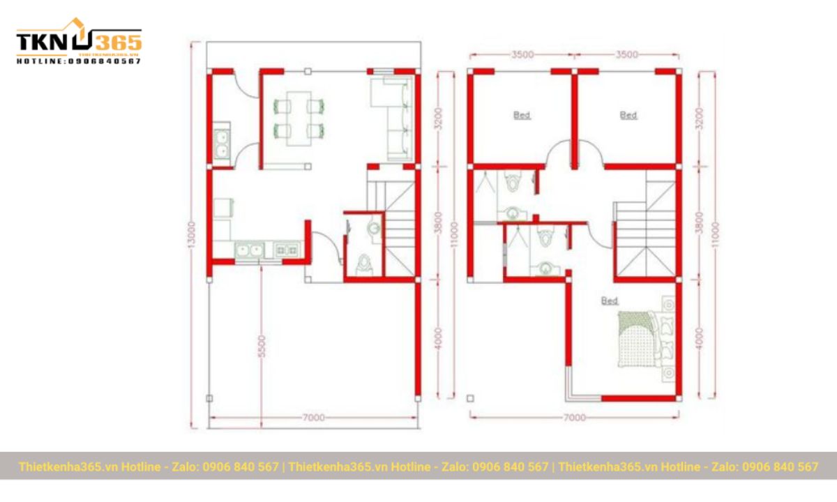 Bản vẽ công năng cho nhà rộng 7x13m