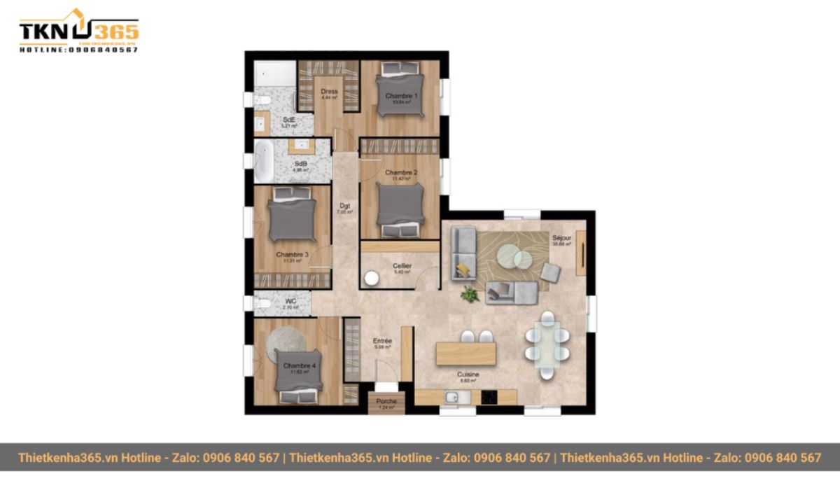 bản vẽ thiết kế mẫu nhà 1 tầng 4 phòng ngủ