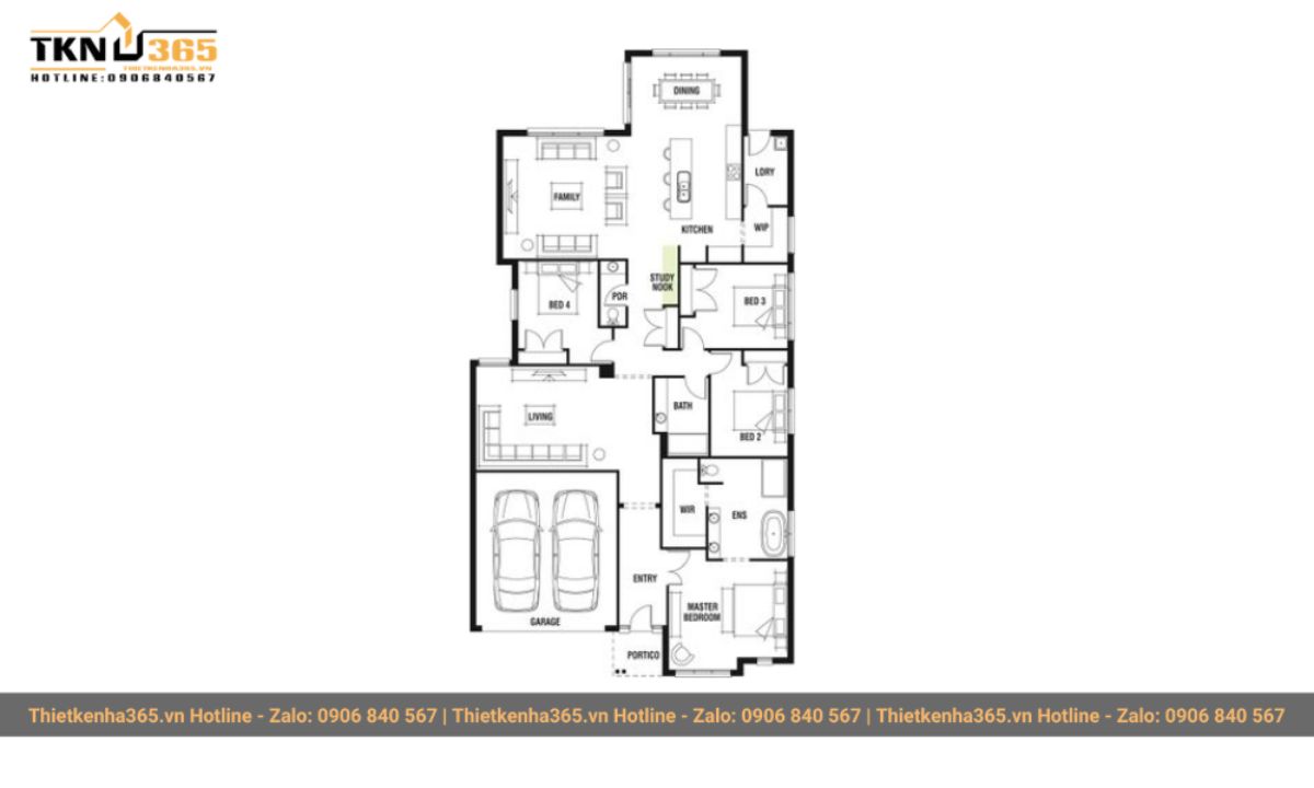 bản vẽ thiết kế mẫu nhà 1 tầng 4 phòng ngủ