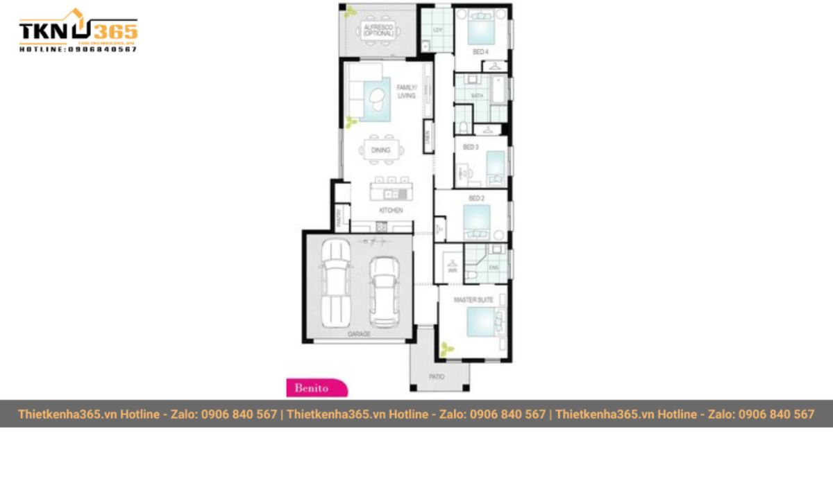 bản vẽ thiết kế mẫu nhà 1 tầng 4 phòng ngủ