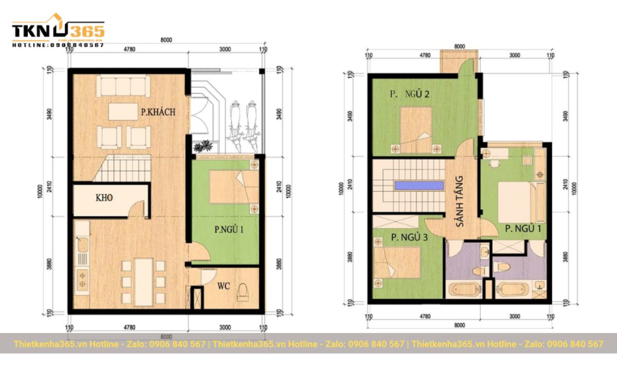 bản vẽ thiết kế nhà 2 tầng 8x10m