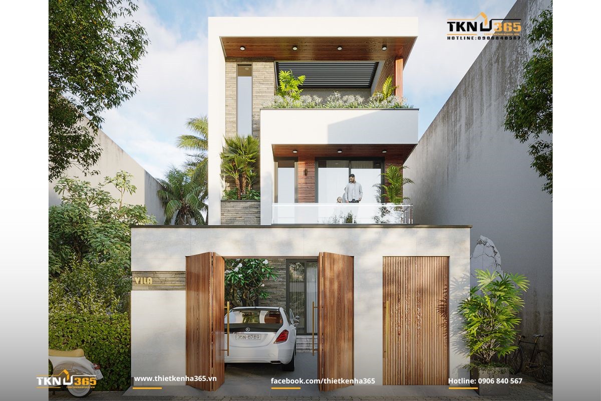 Nhà villa 1 trệt 2 lầu tone gỗ đẹp ấn tượng