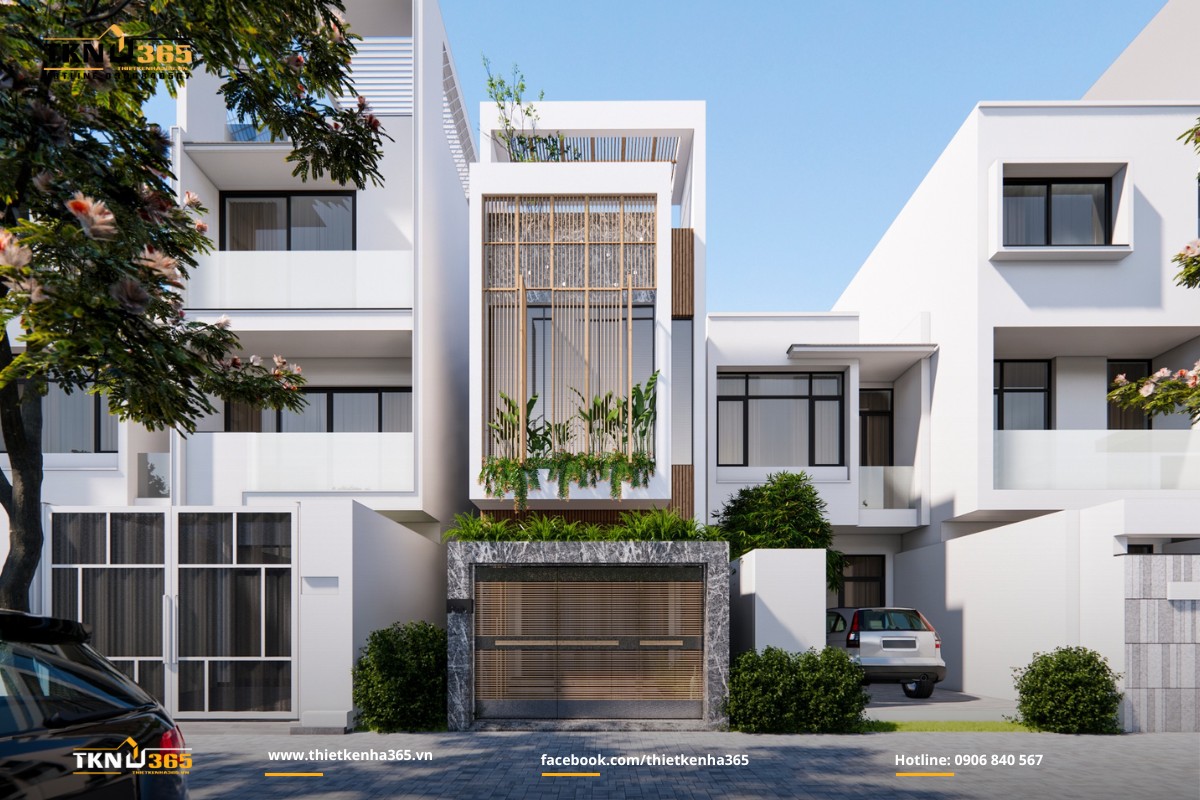 Mẫu nhà ở 1 trệt 3 lầu mặt tiền lam gỗ dài ấn tượng