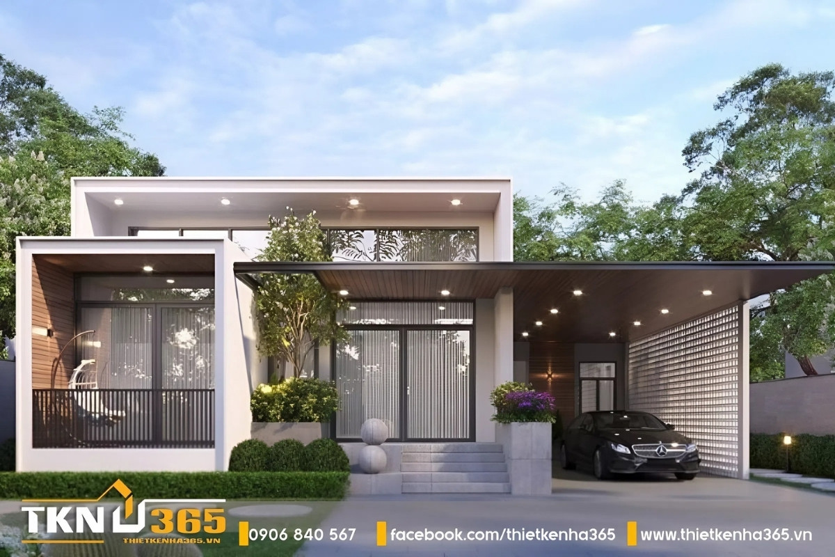 Nhà 1 tầng 5 phòng ngủ phong cách tối giản với mái bằng