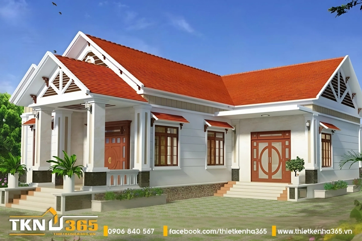 Mẫu thiết kế nhà mái thái 1 tầng với sân vườn rộng rãi