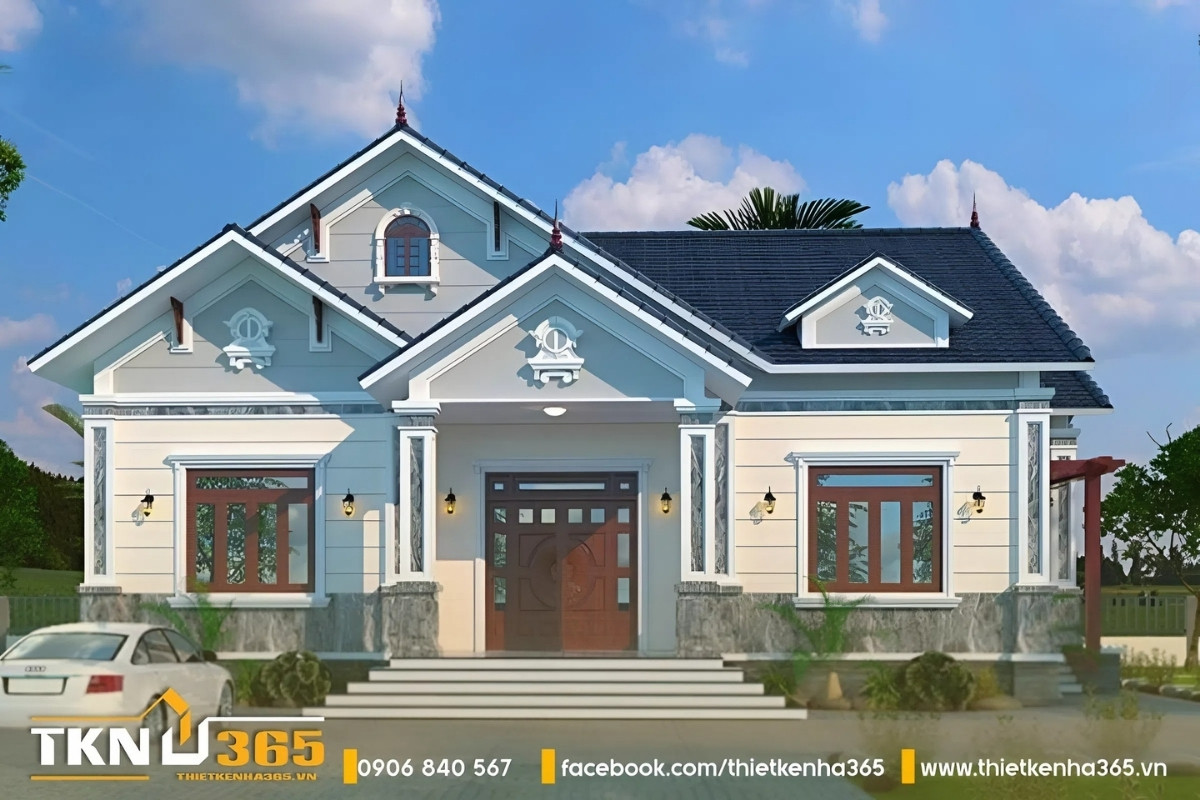 Mẫu nhà 1 tầng 5 phòng ngủ có cửa chính được làm bằng gỗ