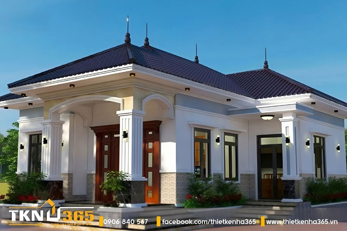 Mẫu nhà 1 tầng 5 phòng ngủ có cửa chính được làm bằng gỗ