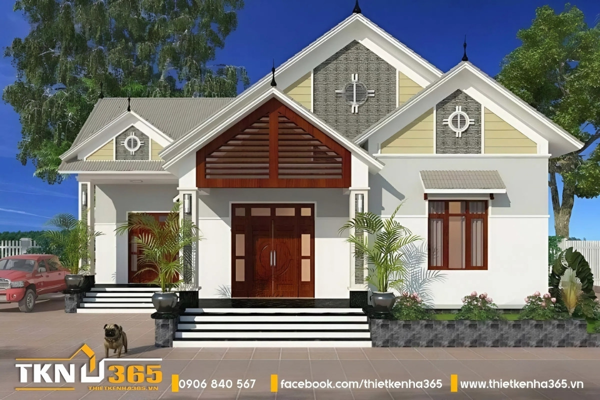 Mẫu thiết kế nhà mái thái 1 tầng với sân vườn rộng rãi