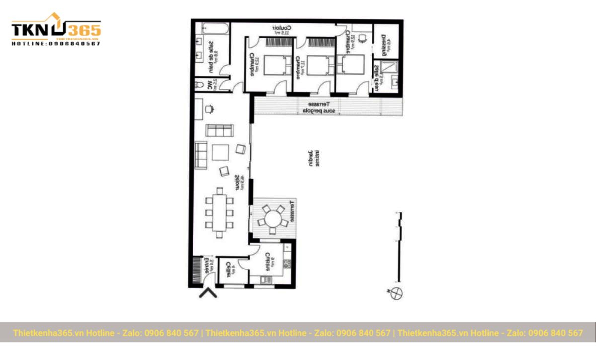 Ban ve nha 1 tang 3 phong ngu hinh chu U