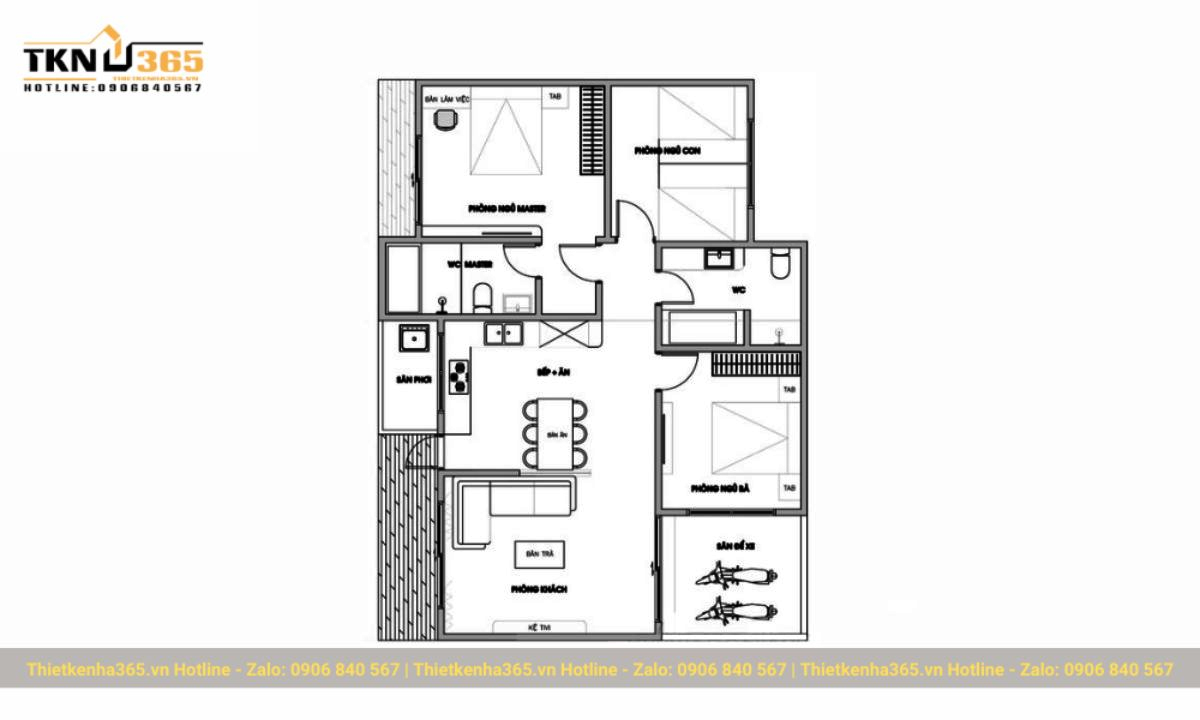 Ban ve nha 1 tang 3 phong ngu phong cach hien dai