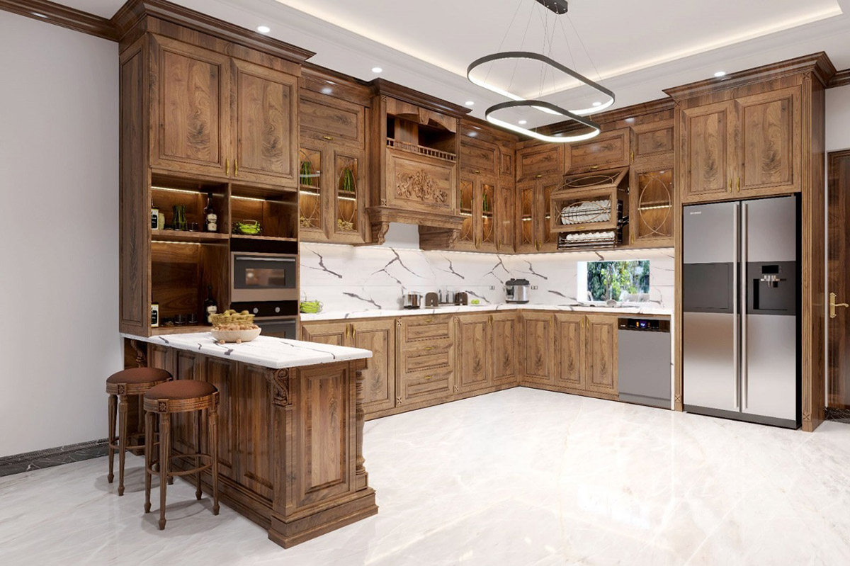 Nhà bếp chữ L bằng gỗ tự nhiên mang lại vẻ đẹp sang trọng, ấm áp và trường tồn