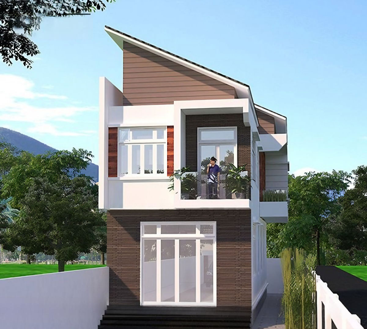 Mẫu nhà mái lệch 2 tầng có thêm phần gác mái