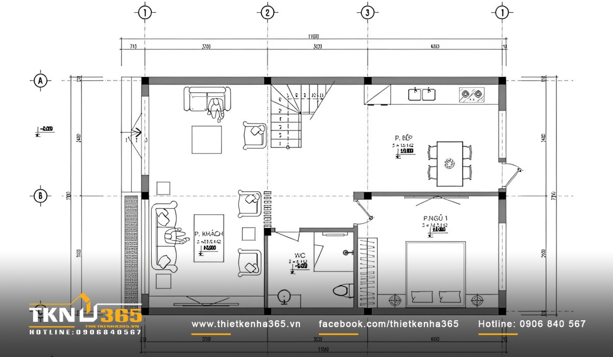 Bản vẽ nhà 2 tầng 7x11m với tầng 1 đầy đủ tiện nghi