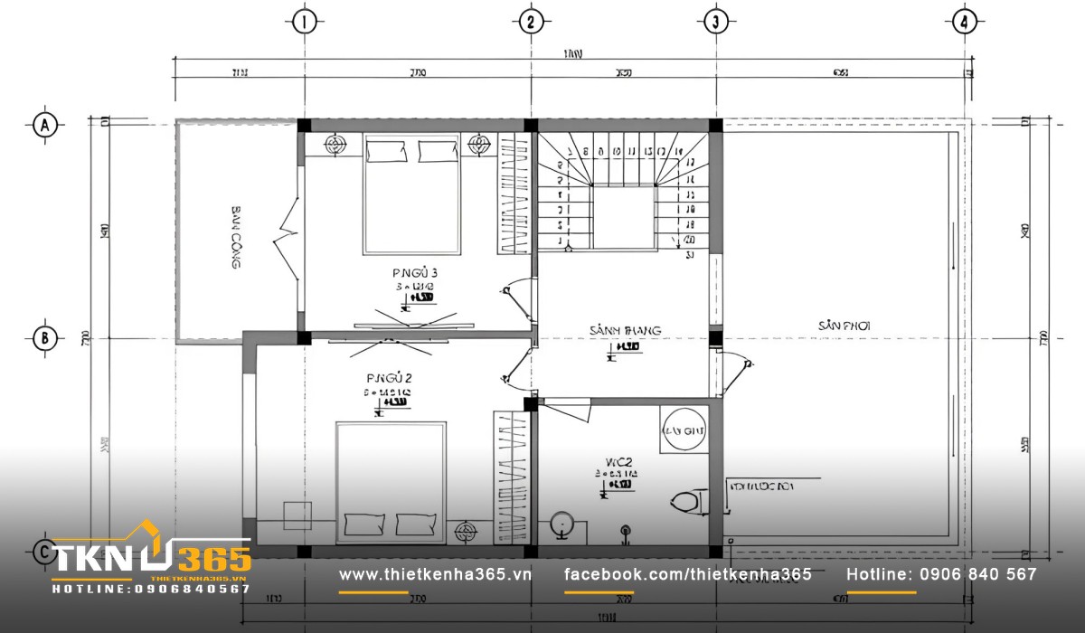 Bản vẽ nhà 2 tầng 7x11m với tầng 2 có 2 phòng ngủ, sân phơi lớn