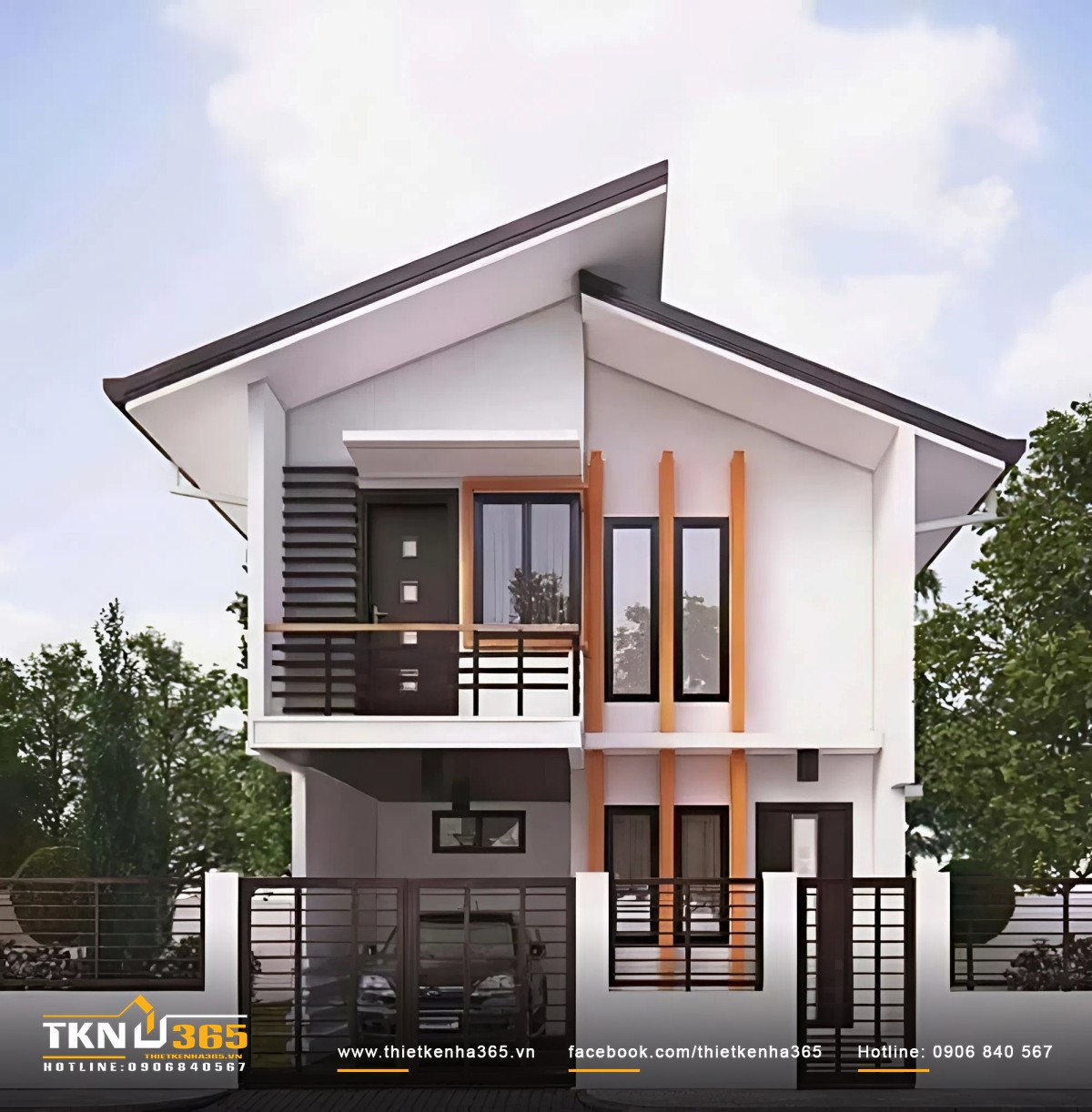 Thiết kế  mái lệch độc đáo với tông màu trắng làm chủ đạo, kết hợp chút màu nâu, chấm phá thêm và đường màu cam nổi bật